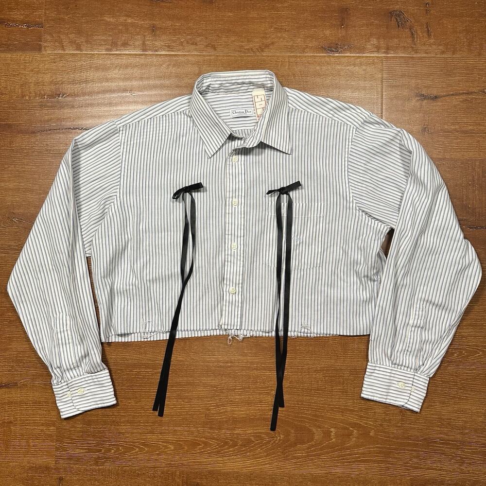 Vintage Christian Dior Crop Button Up Shirt Womens XL White Stripe Long Sleeve